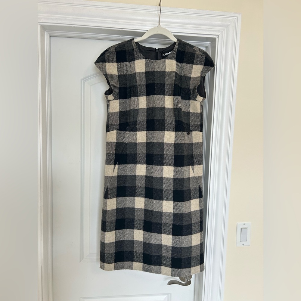Chanel grey black checkered plaid short sleeve knee length dress size 40